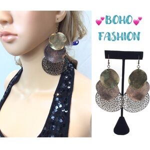 Boho Scroll Metal Hammered Disc Dangle Earrings